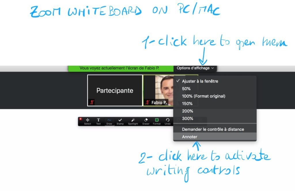 Activation de Zoom whiteboard depuis un ordinateur